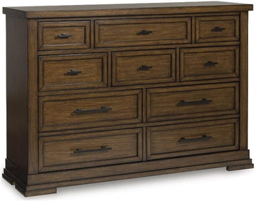 10-Drawer Double Dresser, 64 in Wide, Solid and Engineered Wood, Brown Finish, Picture Frame Detailing, Felt-Lined