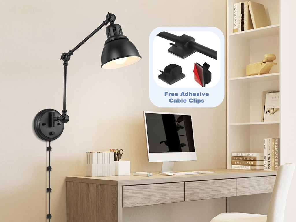 Plug in Wall Sconce, Dimmable On Off Switch, Swing Arm Wall Lamp, Black Metal Industrial, Plug in Wall Light