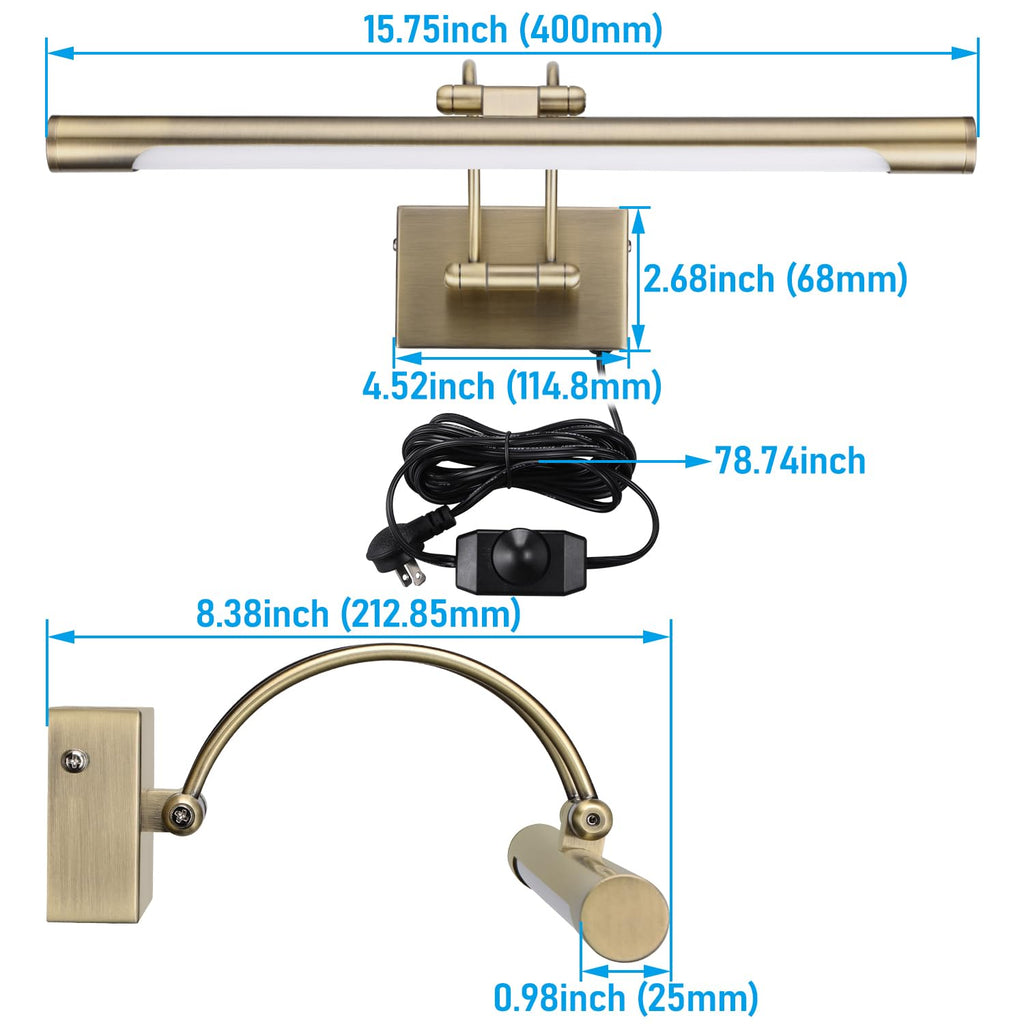 3CCT Dimmable LED Picture Light, CRI90, Adjustable, Antique Brass