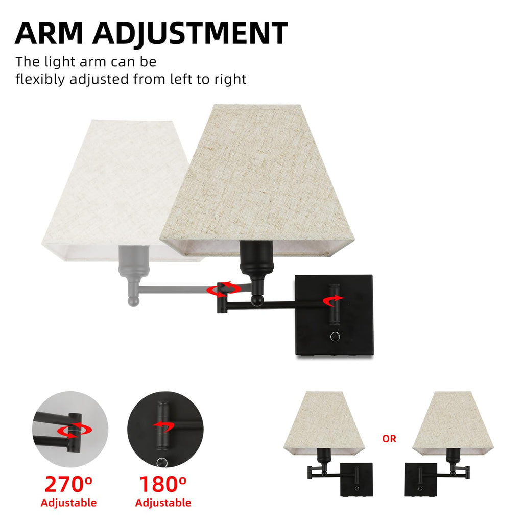 13" Modern Swing Arm Wall Lamp Plug in Wall Sconce with USB and Type-C Port Wall Mounted Lamp with Dimmable Switch