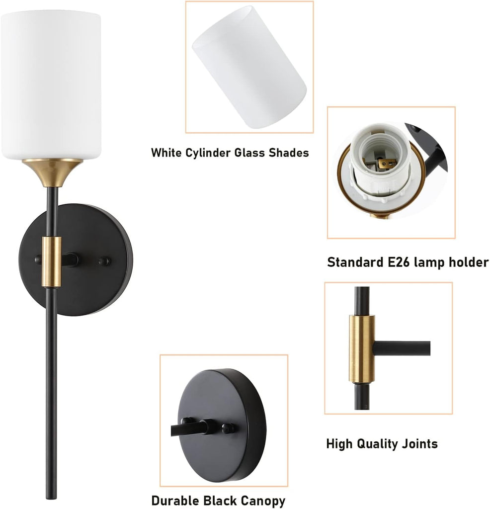Industrial Mid Century Wall Sconce Set of 2 with White Cylinder Glass Shades Modern Bathroom Vanity Wall Lamp Black