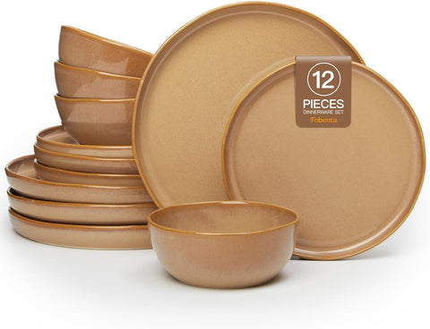 Ceramic Dinnerware Set for 4,Reactive Glaze Plates and Bowls Sets,Microwave Safe,Chip-Resistant Dish Set,Perfect for