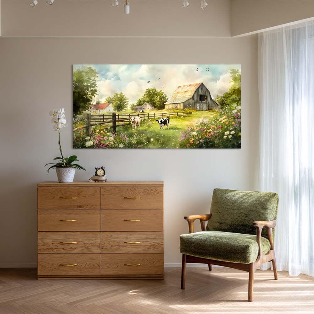 Rustic Farmhouse Barn Canvas Wall Art Vintage Wooden Barn with Cows Countryside Artwork Gallery Wrapped Canvas