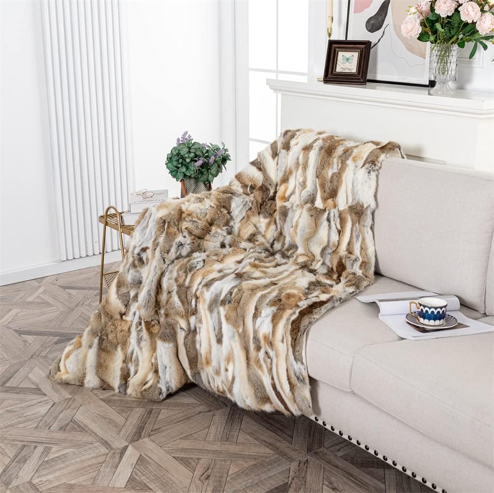 Real Fur Blanket Throw for Couch Tan Fur Throw Blanket Fuzzy Fluffy Super Soft Furry Plush Decorative Comfy Shag