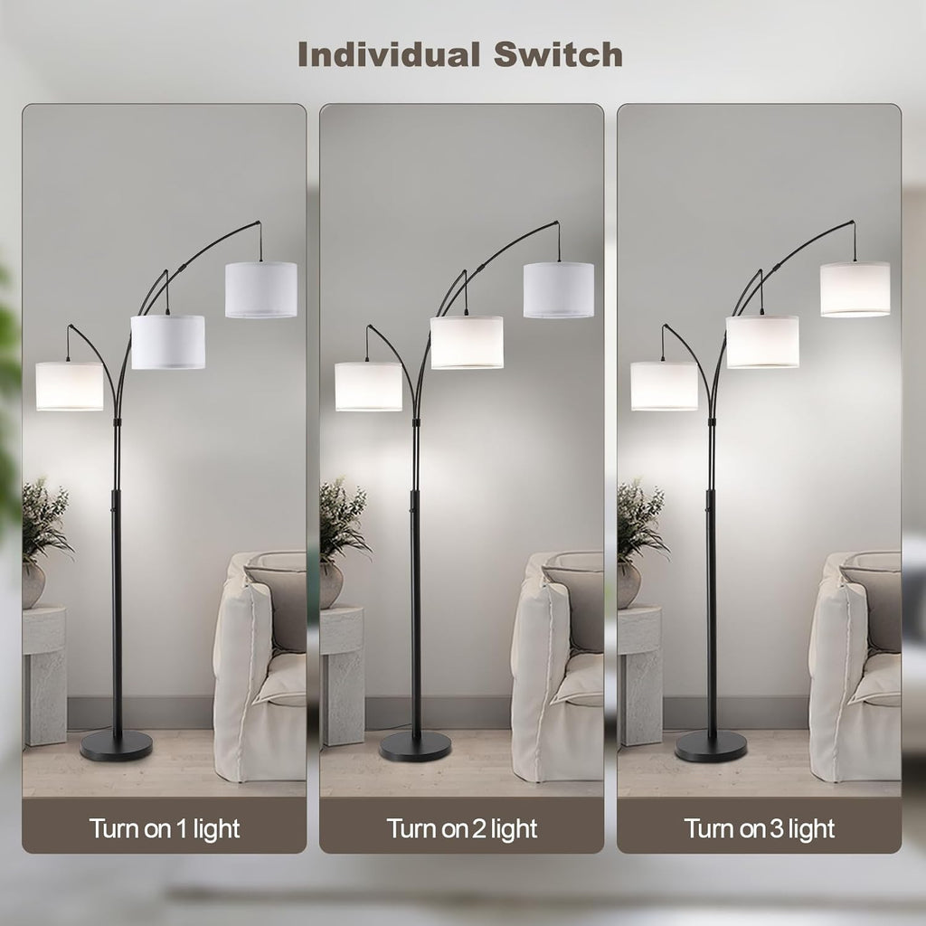 Floor lamp with Remote, 3 Light Arc Floor Lamps, 2400LM Tall Standing Floor Lamps with White Shades