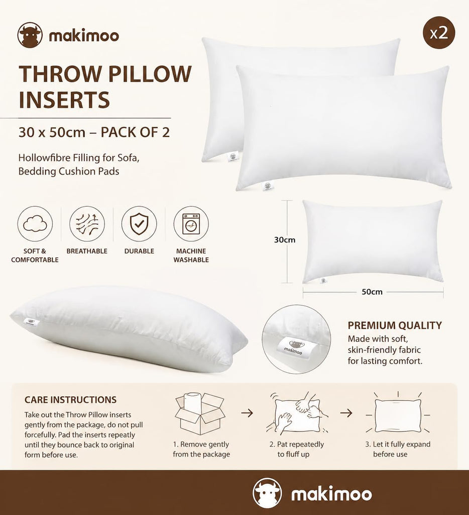 Throw Pillow Inserts 30 x 50cm (12" x 20"), Cushion Inserts, Hollowfibre Filling for Sofa, Bedding Cushion Pads (Pack - Set of 2