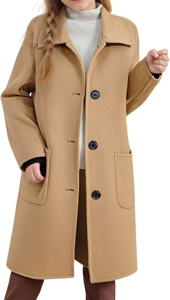 Girls Wool Peacoat Winter Dress Coat Single Breasted Outwear