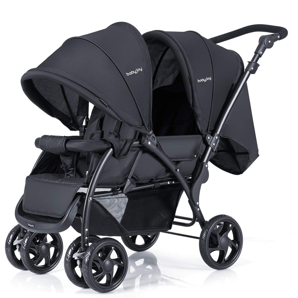 Double Stroller, Foldable Lightweight Twin Stroller with Tandem Seating, Adjustable Backrest/Canopy/Footrest, Point