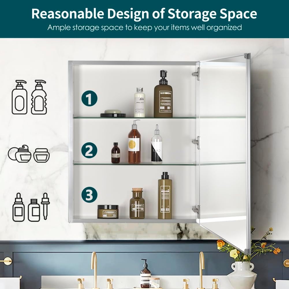 Medicine Cabinet with Mirror, 24 Inch x 30 Inch Aluminum Mirror Cabinet with Single Door, Bathroom Medicine Cabinet