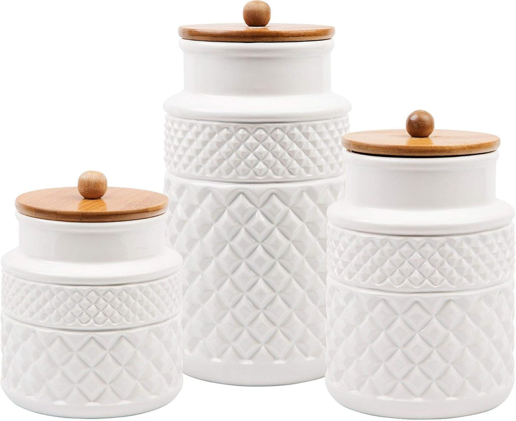 Set of 3 White Canisters Embossed Faceted Ceramic, 3 Round Jars with Bamboo Lid and Rubber Gasket - Food Storage.