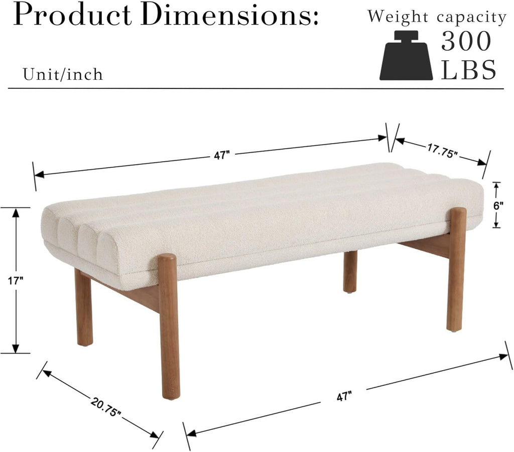 Modern Upholstered Bedroom Bench End of Bed, Comfy Modern Entryway Bench Solid Wood Frame, 47" Indoor Bench Dining
