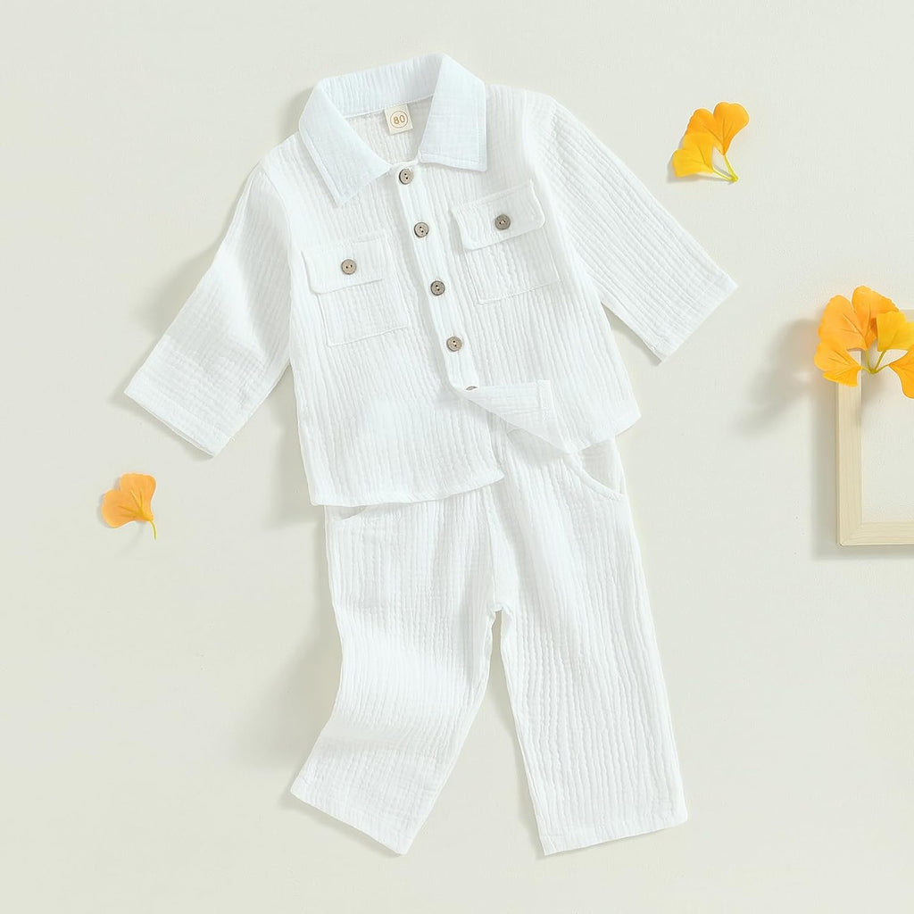Toddler Boy Linen Outfit Baby Boy Fall Winter Clothes Set Button-Down Shirt Tops Cotton Linen Pants 2PCS