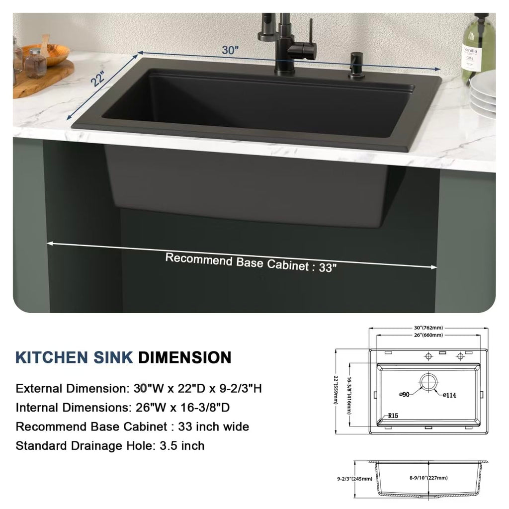 30 Inch Drop In White Granite Single Bowl Sink Workstation
