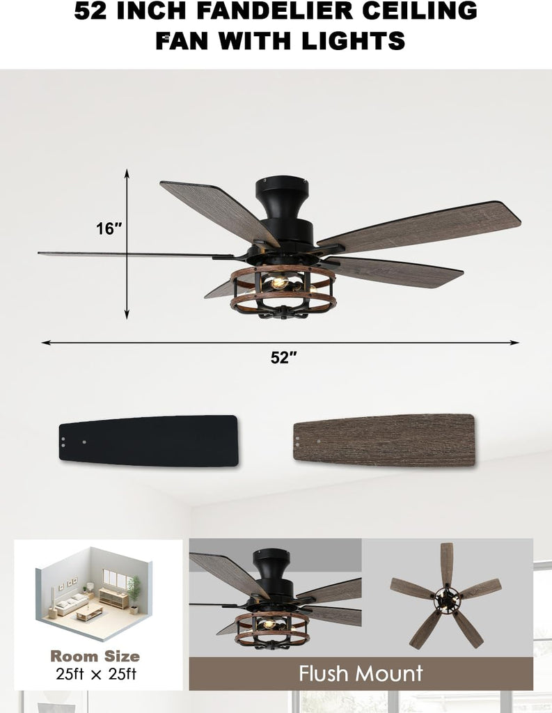 52 Inch Flush Mount Farmhouse Ceiling Fan with Light