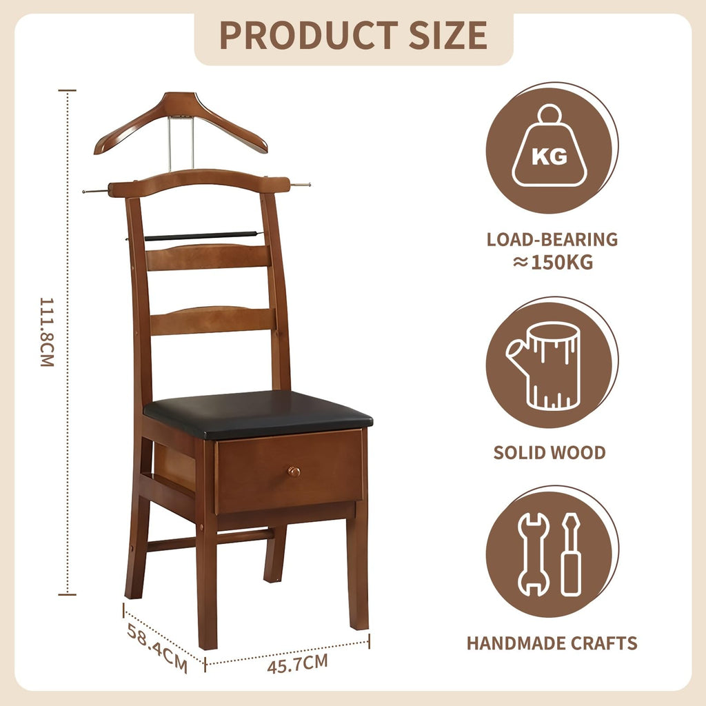 Chair Valet with Drawer and Tray for Men Women's Clothes, Watches Keys Wooden Suit Rack Valet Stand, with Contour