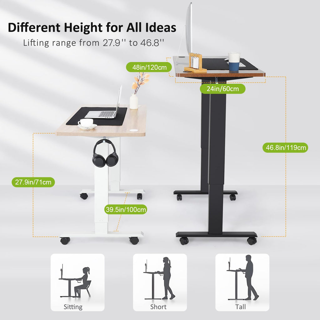 48 x 24 inch Standing Desk Electric Adjustable Height with Power Outlets, Stand up Desk with Wheels, Preset Heights
