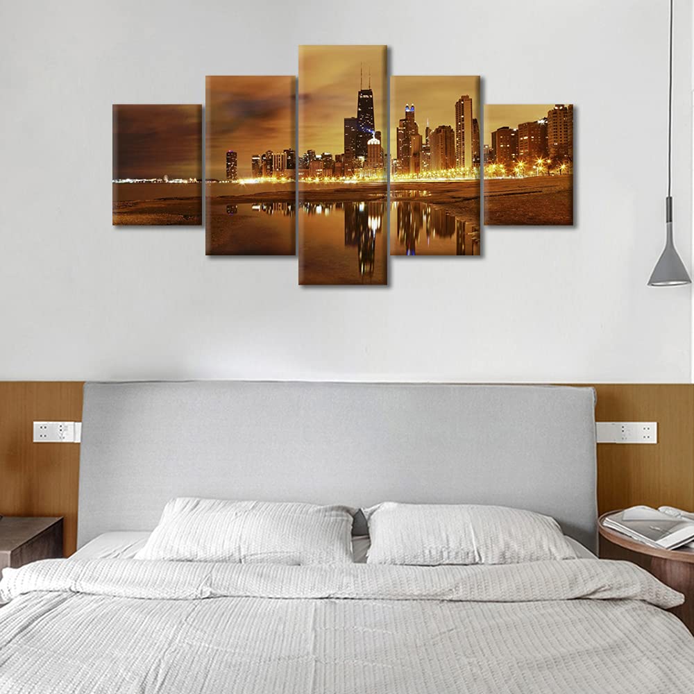 Chicago Illinois Wall Night Cityscape Wall Decor Modern Chicago Skyline Home Decor Lake Michigan Wall Decoration
