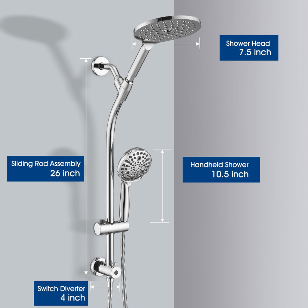 High Pressure Shower Head with Handheld Shower, 26" Adjustable Height Drill-Free Slide Bar, 3-Way Diverter for Easy