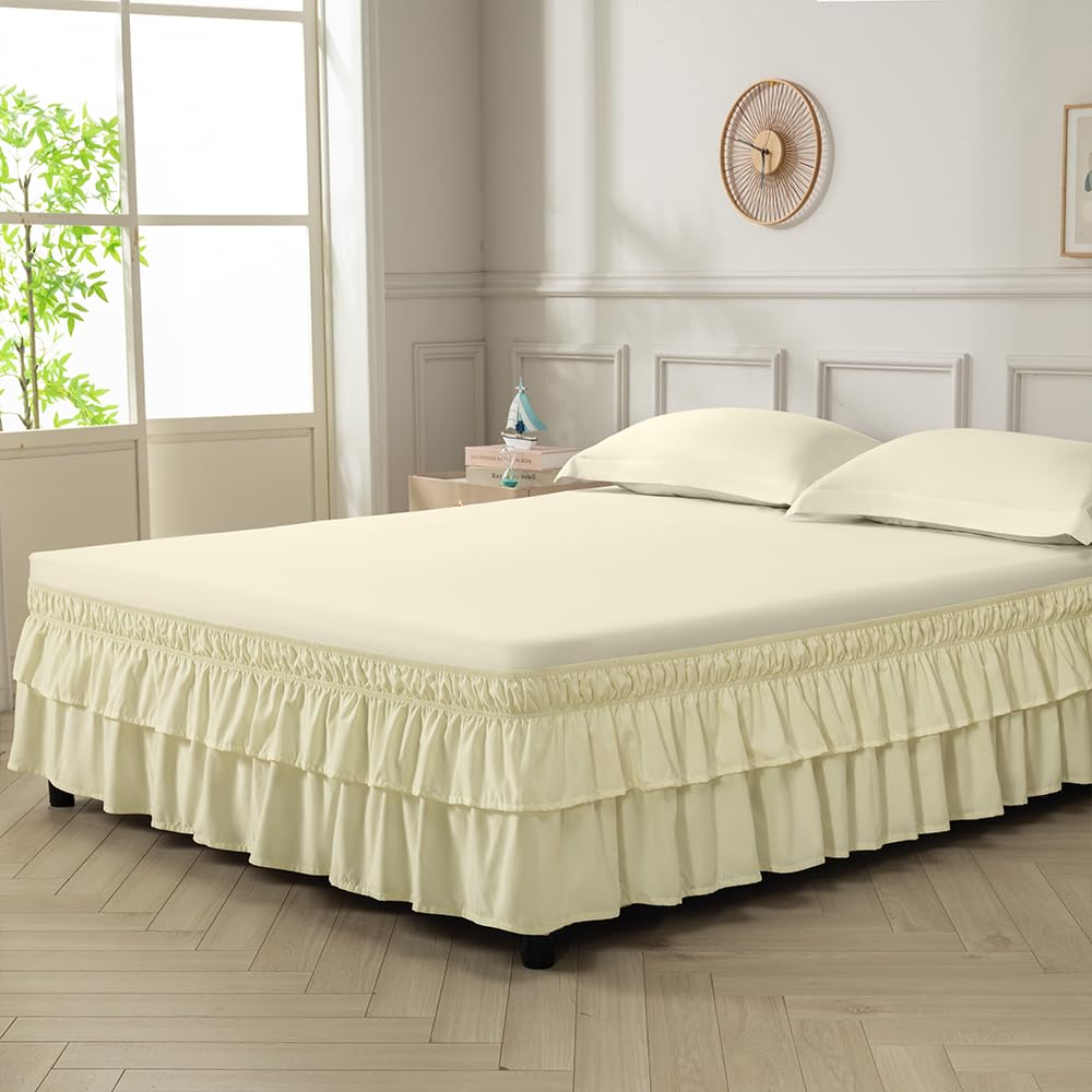 Double-Layered Ruffled Bed Skirt, Beige, 14" Drop