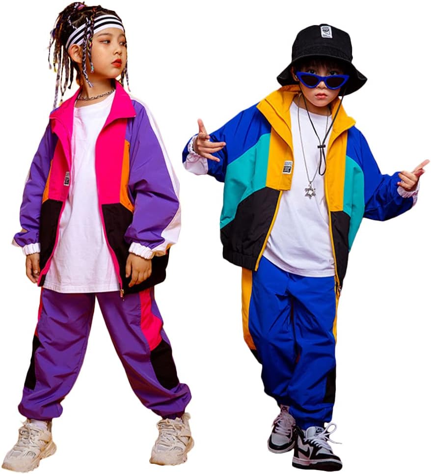 Boys Girls Color Block Jacket Track Pants Set Hip Hop Dance Clothes