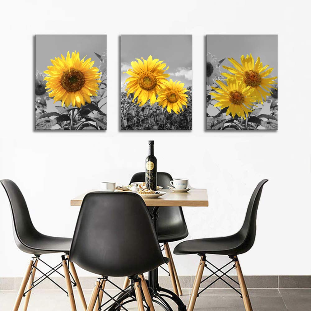 Sunflower Wall Art Black White Flowers Wall Decor Yellow Floral Canvas Prints Painting Wood Frame with Hook
