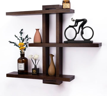 Variable Floating Shelves Wood Set of 3, Bathroom Shelves 28.35" Max, Rustic Wall Shelves Bedroom Farmhouse - Dark