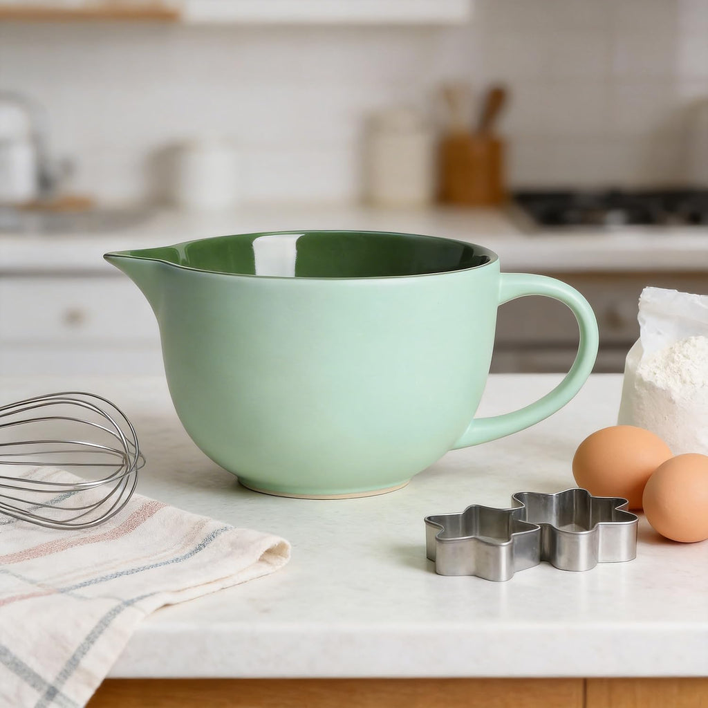 Simple Solid Color Kitchen Ceramic Mixing Bowl, 1 Quart Large Bowl, with Pouring Spout and Handle