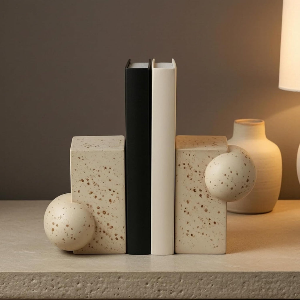 Sculptural Bookends Stone-Look Geometric Bookends Beige Decor for Study Desk