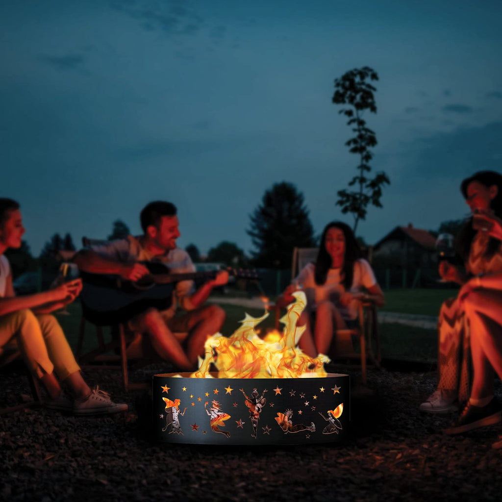 Fairy Unpainted 12 in. Tall 30 in. Diameter Outdoor Fire Ring with Fire Poker - 30 x 30 x 12 in. - Rustic