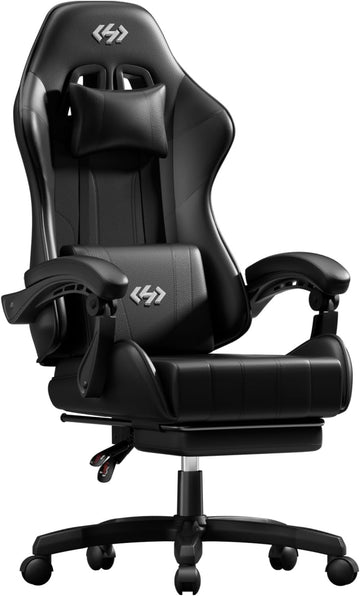 Gaming Chair with Footrest, Lumbar Support & Headrest, Black