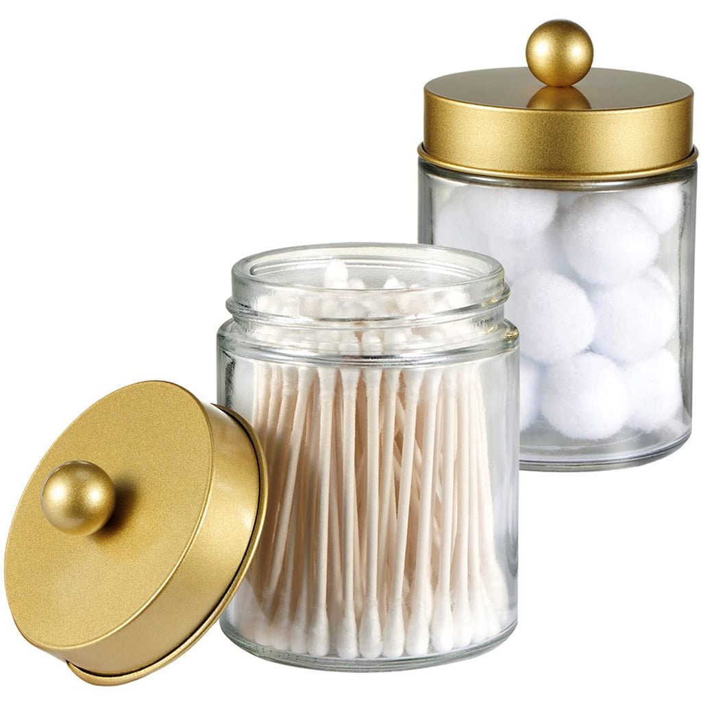 Glass Apothecary Jar Qtip Holder Metal Lids 4pc/Gold