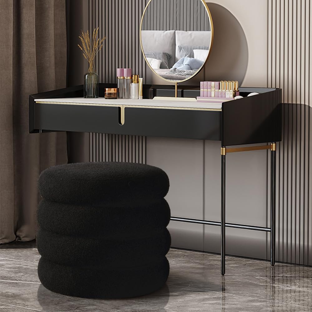 Sherpa Storage Ottoman, Foot Rest Stool Seat, Black Vanity Foot Pouf, Tufted Footstool with Removable Lid