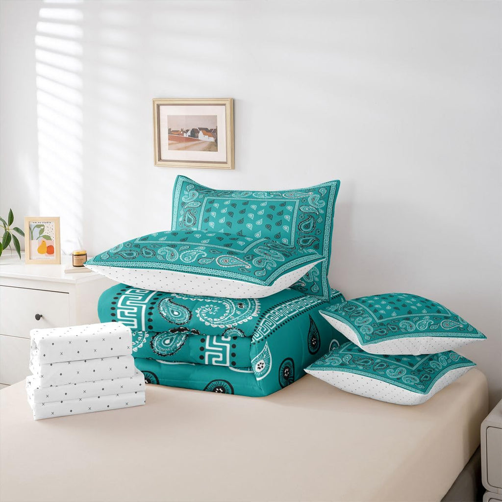 Turquoise Bandana 7pcs Comforter Set Full Size, Boho Paisley Bandanas Bedding Set for All Season, Bohemian Chic Floral