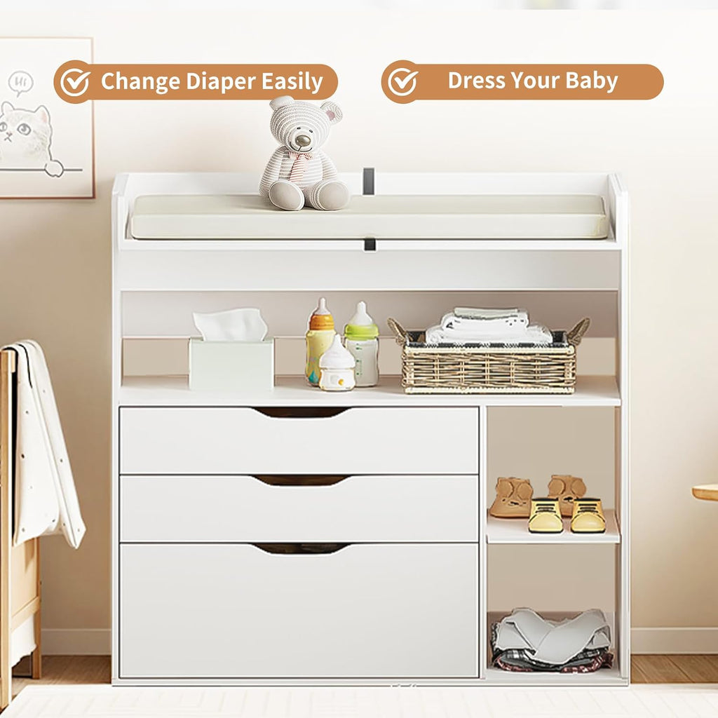 Baby Changing Table Dresser with 3 Drawers and 3 Storage Shelves, Can be Used as a Baby Dresser with Changing Table