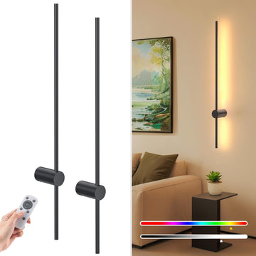 35.4 Inch Battery Operated Wall Sconce Set of 2, Black Minimalist Rechargeable LED Wall Lights with Remote, 10 Colors