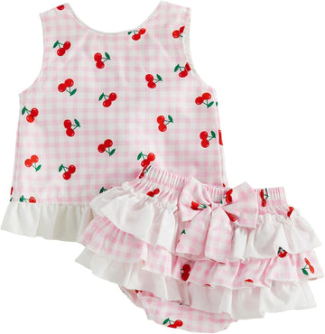 Toddler Baby Girl 2Pcs Summer Clothes Cherry plaid Sleeveless Top & Ruffle Bloomer Skirt Set