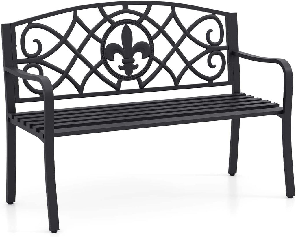 50.5" Outdoor Bench with Metal Frame, Floral Design Cast Iron Backrest, Slatted Seat, Adjustable Foot Pads, Load