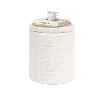 Compact Round Folding Storage Ottoman, Cream White Boucle Footstool