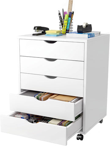 5 Drawer Rolling Storage Cabinet, Mobile File Cabinet , White | Rolling Storage Cabinet with 5 Drawers for Desk