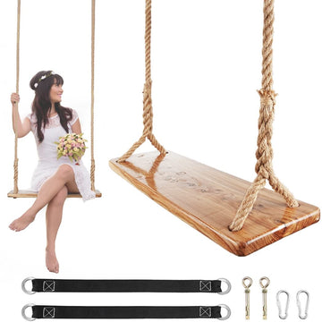 Wooden Tree Swing, Wooden Swing for Adults/Kids with 500lbs Load Capacity, Adjustable Hemp Rope Plus Tree Straps 100