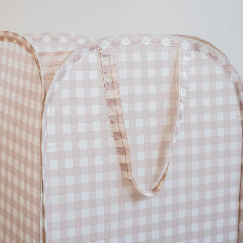 Pop Up Hamper, Collapsible Laundry Basket, Gingham Beige