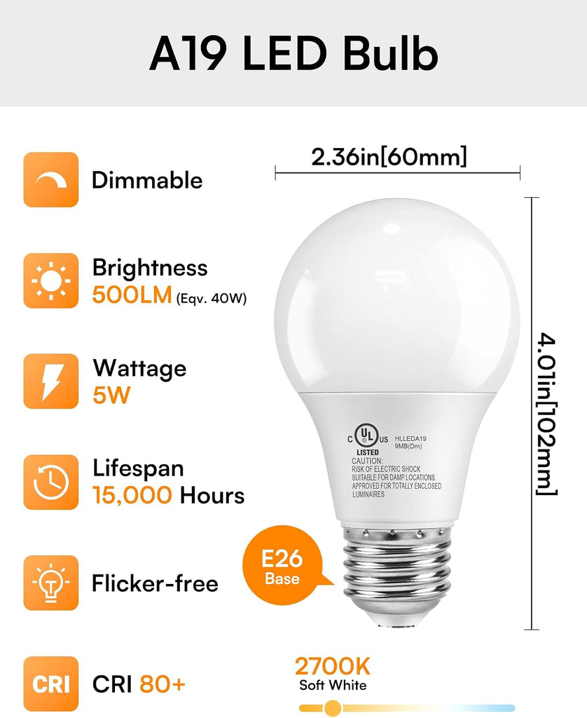 Dimmable LED Light Bulbs 40W Eq,2700K Soft Warm White,A19 Standard E26