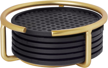 Absorbent Coasters with Holder Gold Modern Table Drink Coasters for Table Protection, Absorbent Silicone - Set of 6
