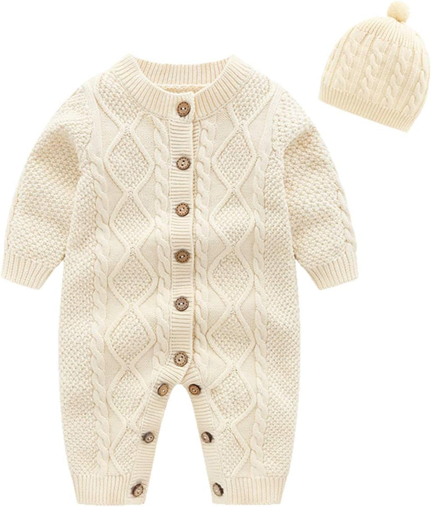 Newborn Baby Boys Girls Sweater Knitted Romper Toddler Casual Outfit with Warm Hat Set