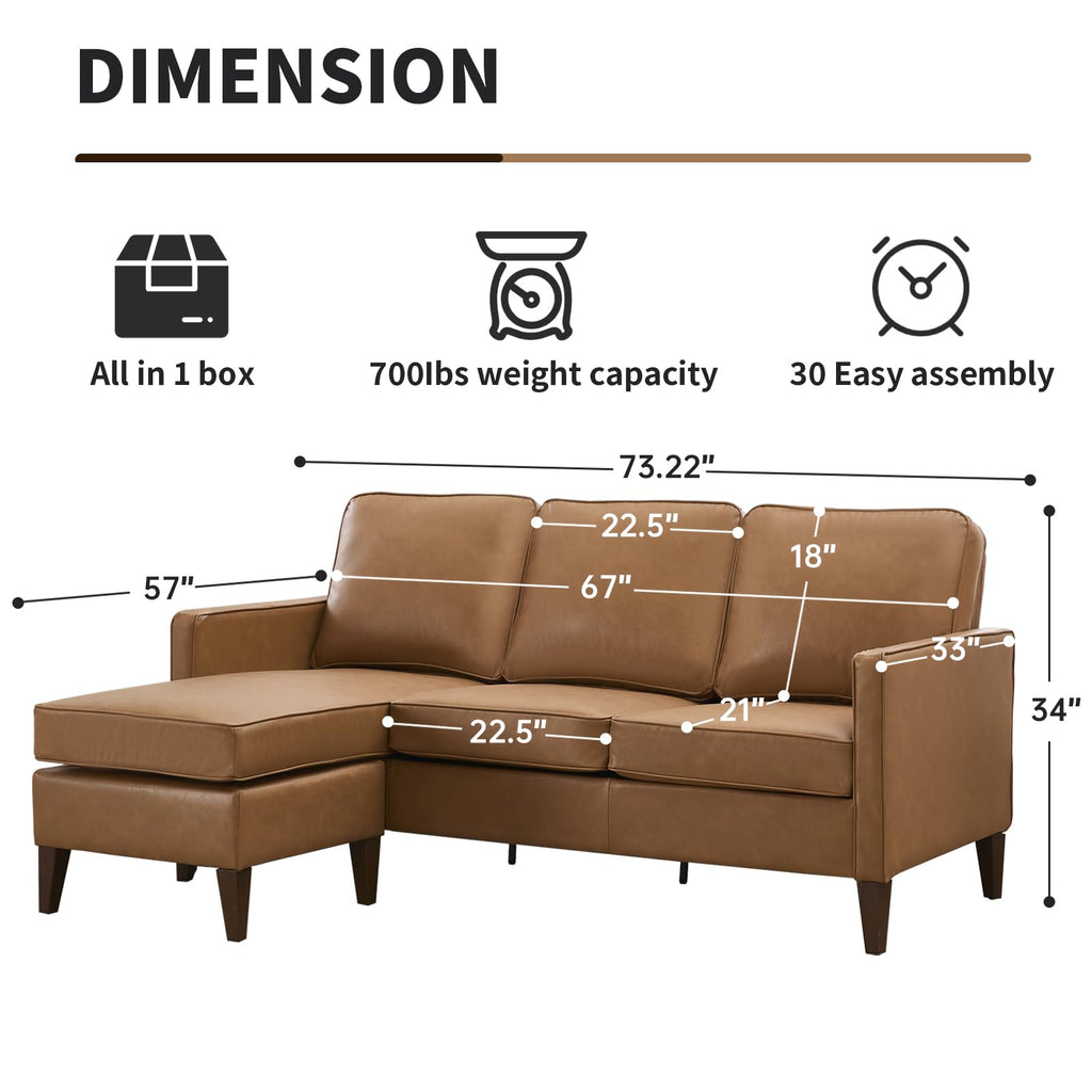Faux Leather L Shaped Couch with Solid Wood Feet, 3-Seater Sofa with Reversible Chaise, Sectional Couches, Cognac