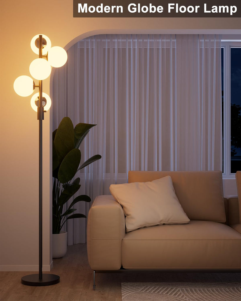 5-Globe Dimmable Globe Floor Lamp Black Standing Lamps with 5Pcs 3000K Bulbs Included Brightness Adjustable Retro Mid