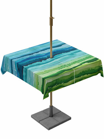 Watercolor Green and Blue Ombre Outdoor Square Tablecloth Zippered Table Cover with Umbrella Hole, Modern Abstract Sea