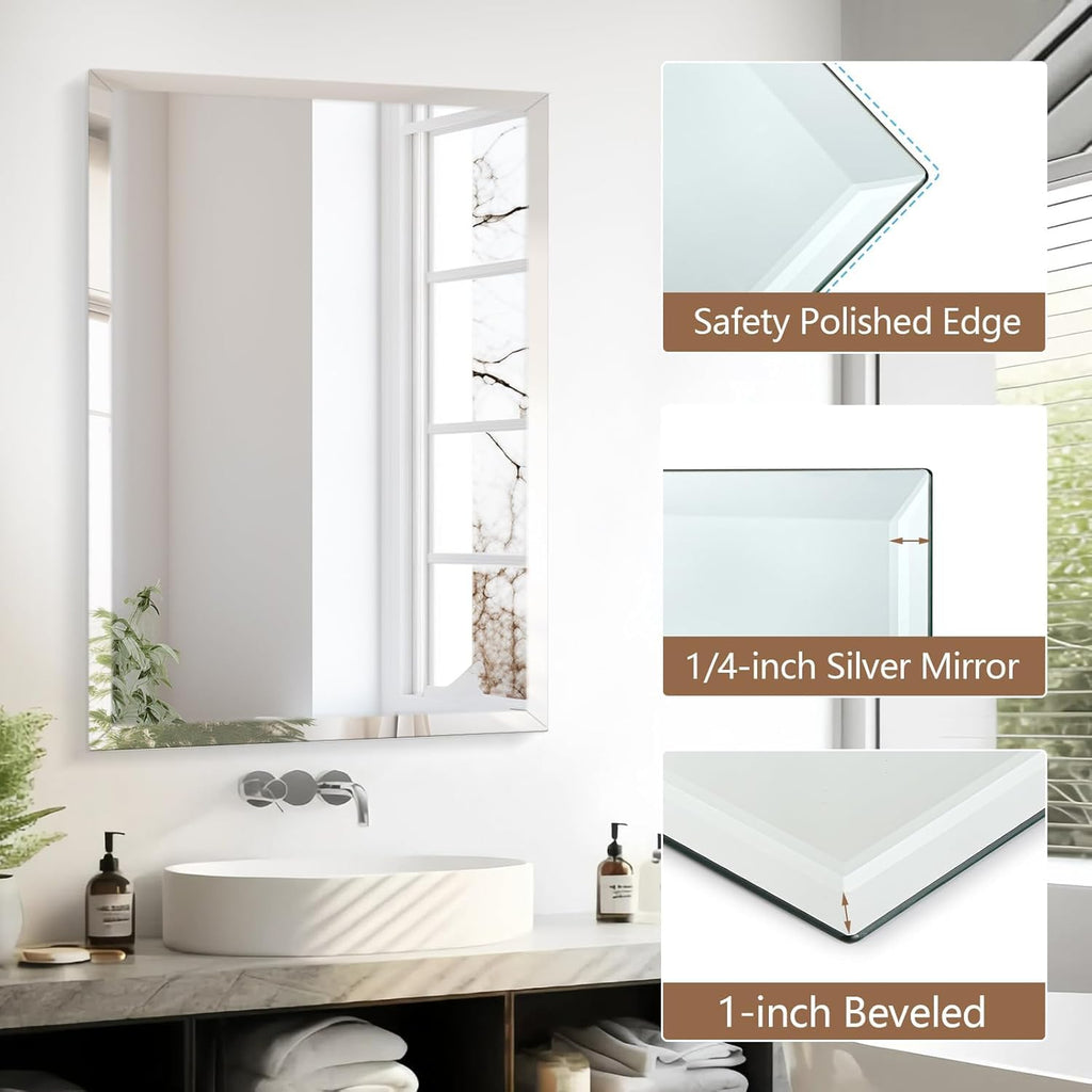 16x24 Inch Rectangle Frameless Mirror, Beveled Bathroom Mirror
