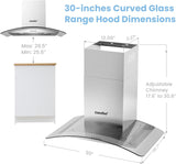 30 Inch Stainless Steel Wall Mount Range Hood 450 CFM 3 Speed LED Lights, Baffle Filters, Convertible Ducted/Ductless Glass Canopy