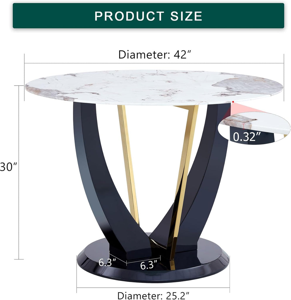 42" Round Dining Table for 4-6, Modern Faux Marble Kitchen Tabletop with Black Wood Pedestal and Gold Metal Frame
